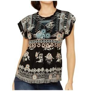 Johnny Was Biya Embroidered Floral Perlette Tie Back Silk Top Short Sleeve XS
